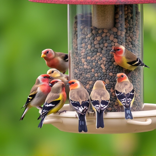 Flock of finches on nyjer feeder