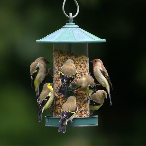 Flock of finches on nyjer feeder