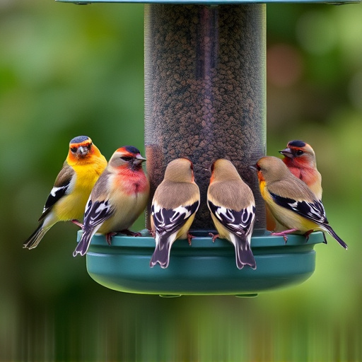 Flock of finches on nyjer feeder