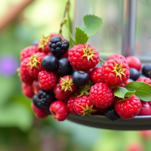 Fresh berries on garden bird feeder