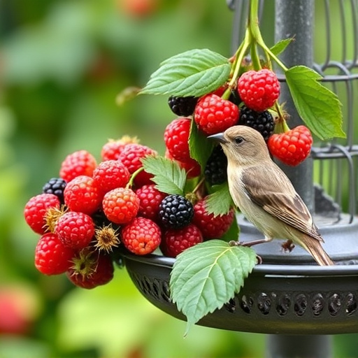 Fresh berries on garden bird feeder