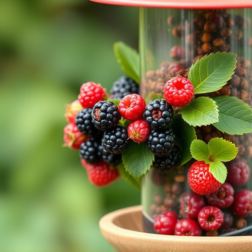 Fresh berries on garden bird feeder