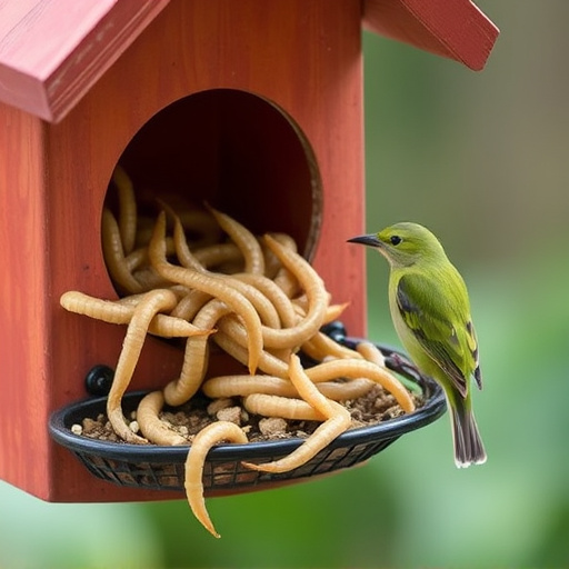 Fresh mealworms on garden bird feeder