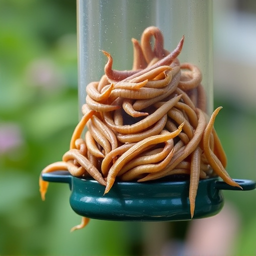 Fresh mealworms on garden bird feeder