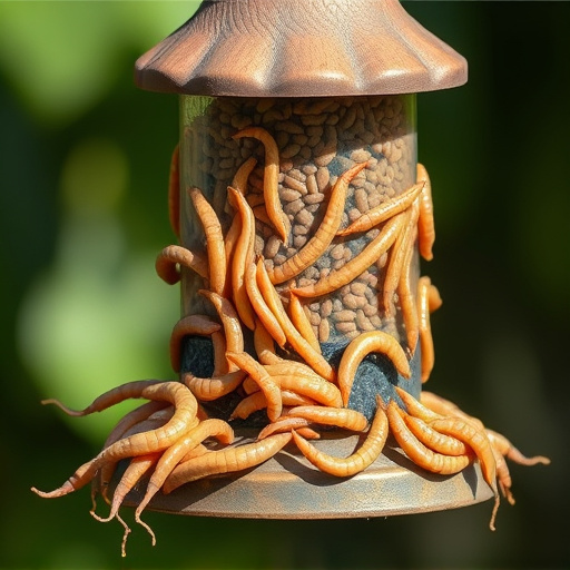 Fresh mealworms on garden bird feeder