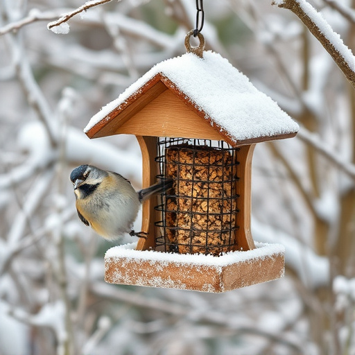 Frost-covered suet feeder in winter garden