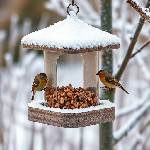 Frost-covered suet feeder in winter garden