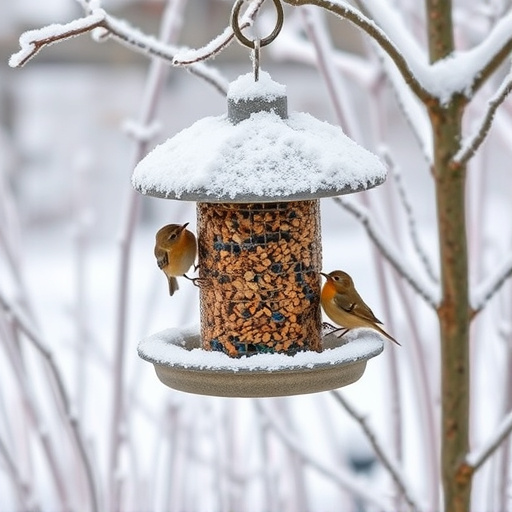 Frost-covered suet feeder in winter garden