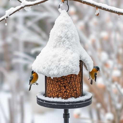 Frost-covered suet feeder in winter garden