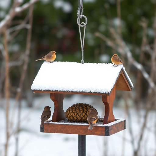 Frost-covered suet feeder in winter garden