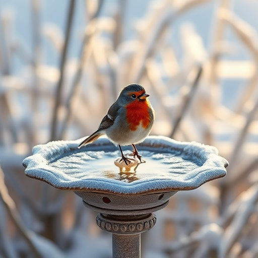 Frosted bird bath in winter morning light