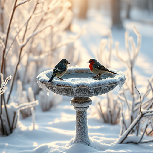Frosted bird bath in winter morning light