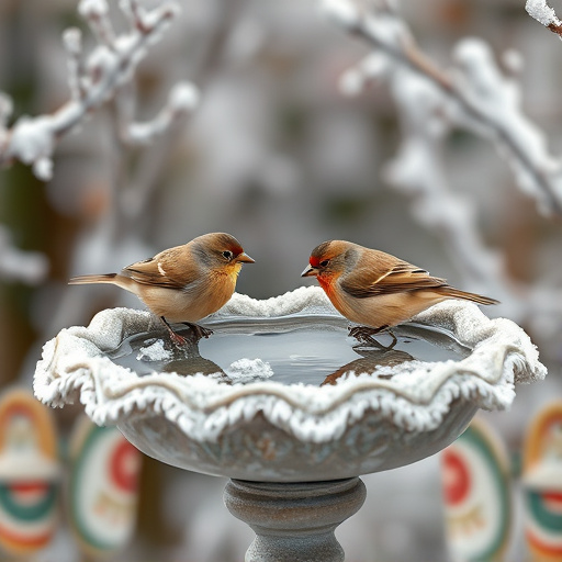 Frosty bird bath visited by small finch