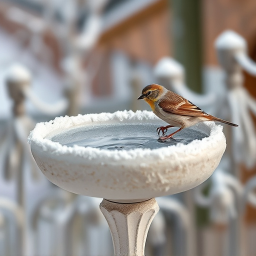 Frosty bird bath visited by small finch