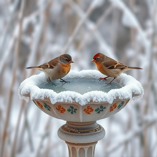 Frosty bird bath visited by small finch