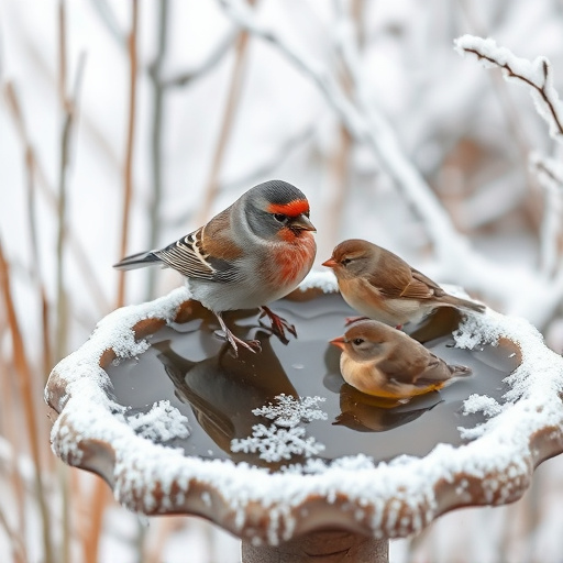 Frosty bird bath visited by small finch