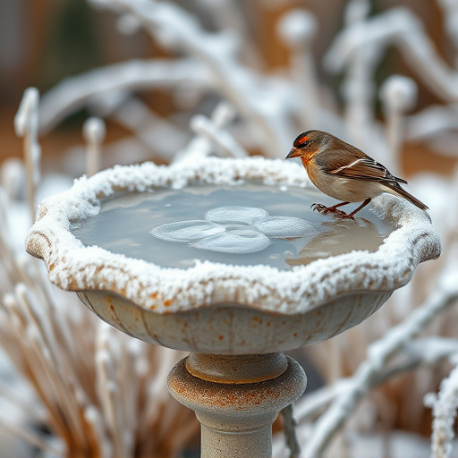 Frosty bird bath visited by small finch