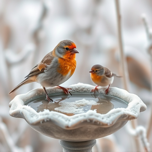 Frosty bird bath visited by small finch