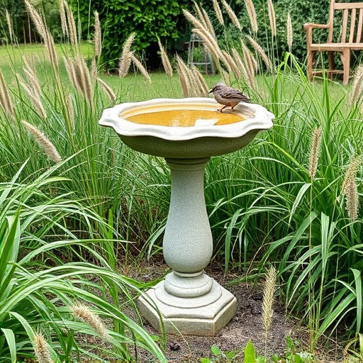 Garden bird bath surrounded by wild grass