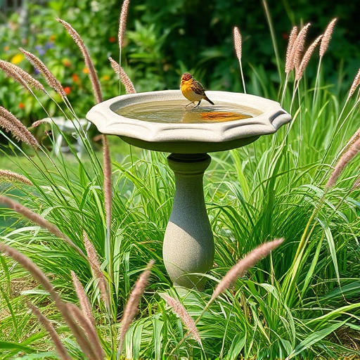 Garden bird bath surrounded by wild grass