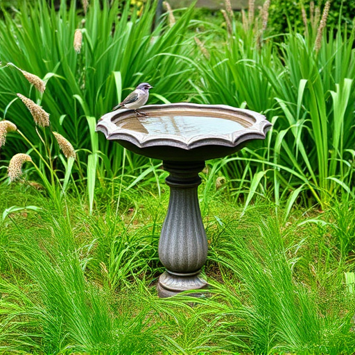 Garden bird bath surrounded by wild grass