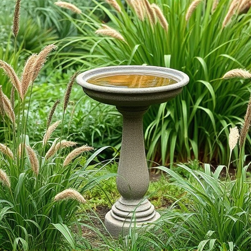Garden bird bath surrounded by wild grass