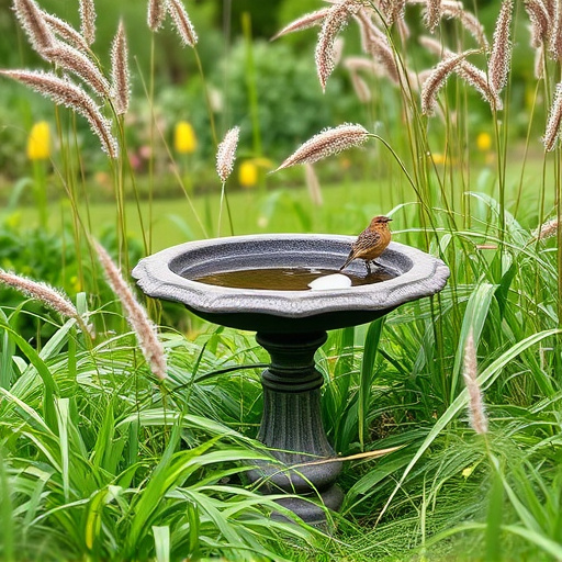 Garden bird bath surrounded by wild grass