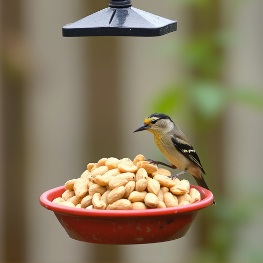 Garden bird pecking at hanging peanut feeder