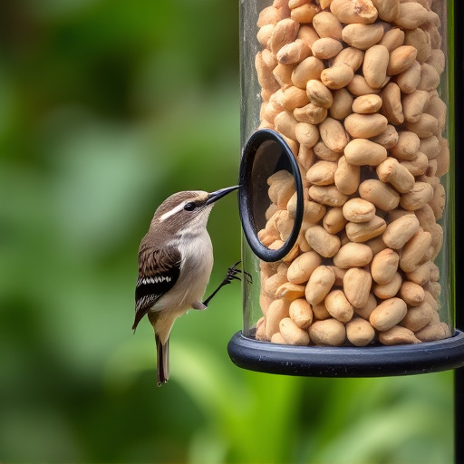Garden bird pecking at hanging peanut feeder