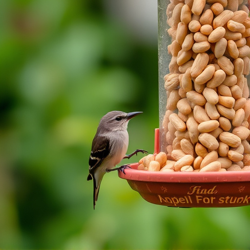 Garden bird pecking at hanging peanut feeder