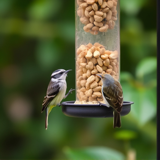 Garden bird pecking at hanging peanut feeder