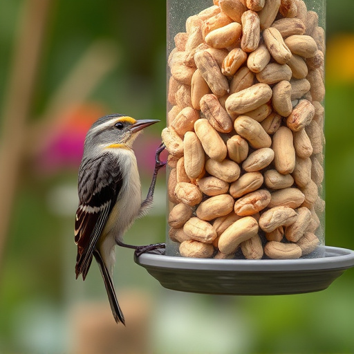 Garden bird pecking at hanging peanut feeder