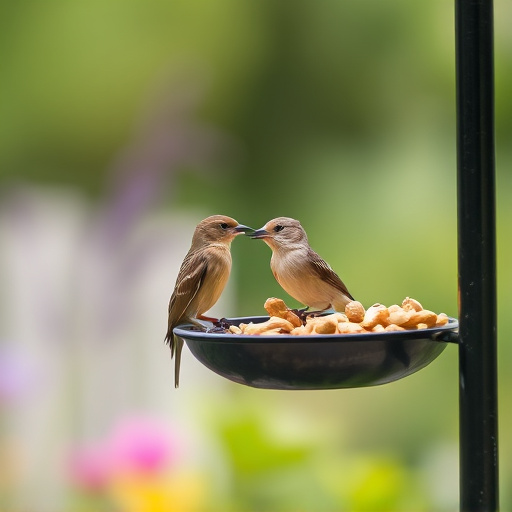Garden bird pecking at hanging peanut feeder