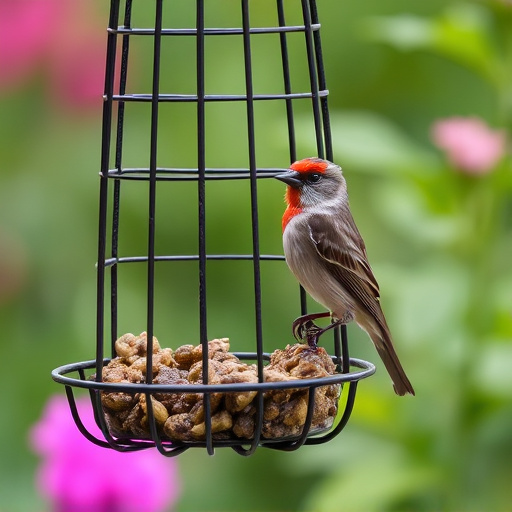 Garden bird perched on caged feeder