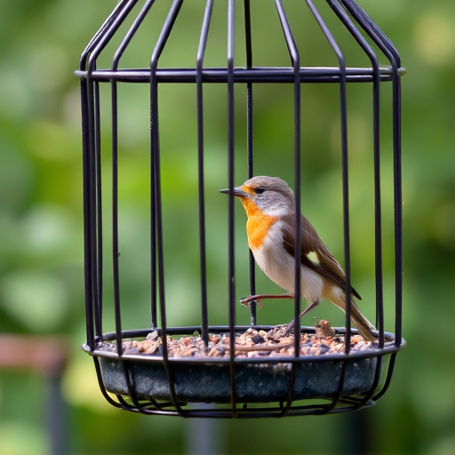 Garden bird perched on caged feeder