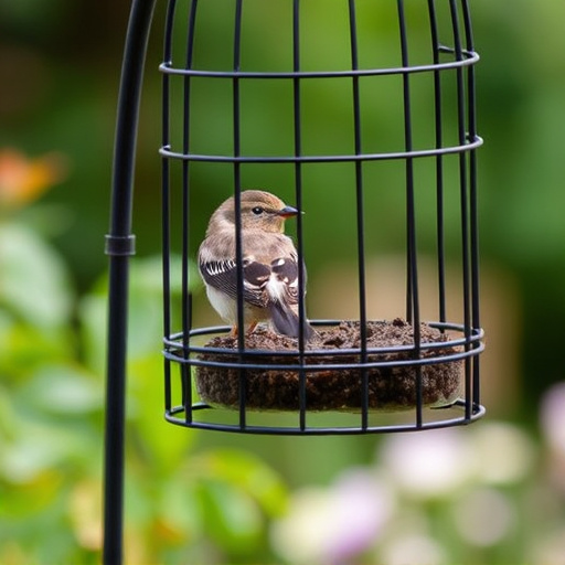 Garden bird perched on caged feeder
