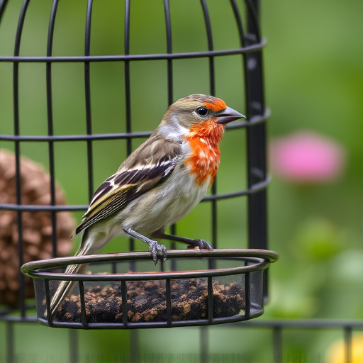 Garden bird perched on caged feeder