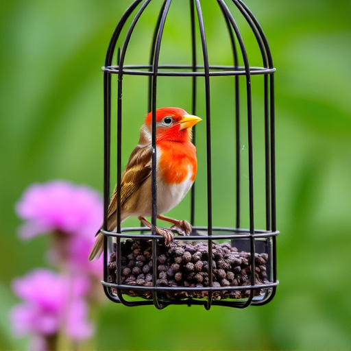 Garden bird perched on caged feeder