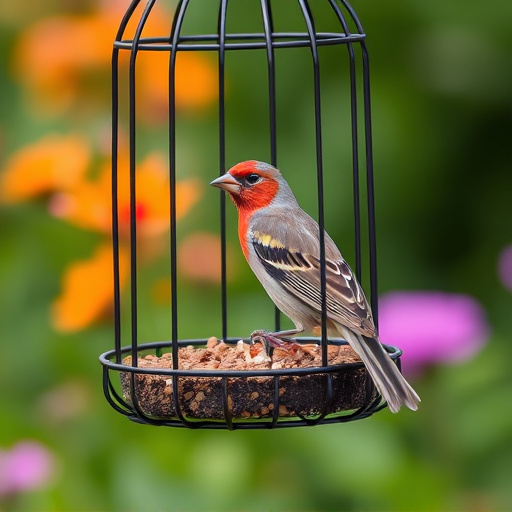Garden bird perched on caged feeder