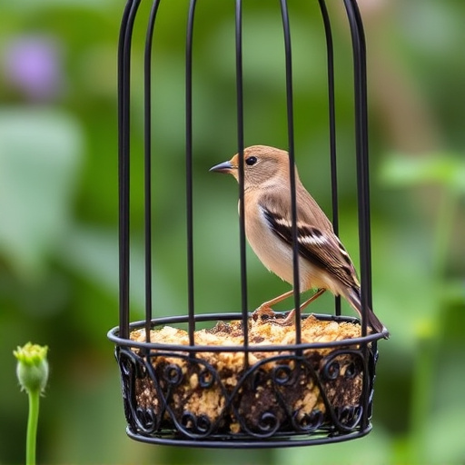 Garden bird perched on caged feeder