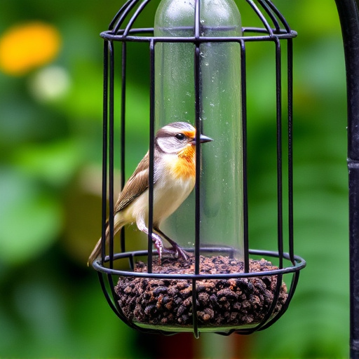 Garden bird perched on caged feeder