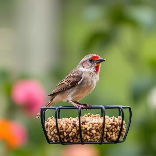 Garden bird perched on caged feeder