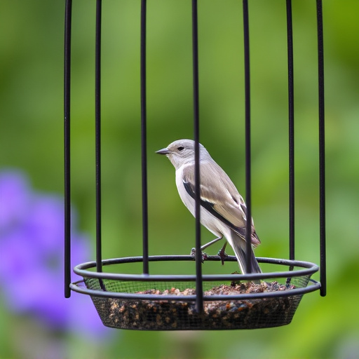 Garden bird perched on caged feeder