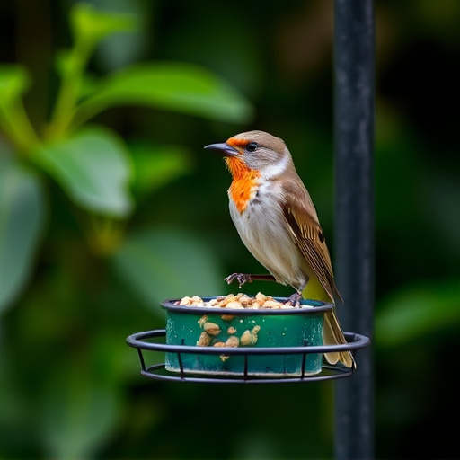 Garden bird perched on caged feeder