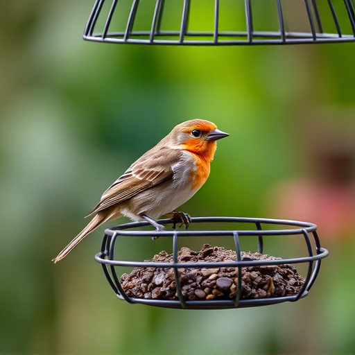 Garden bird perched on caged feeder