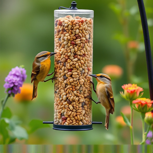 Garden birds at squirrel-resistant seed tube