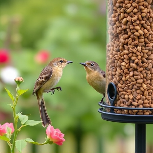 Garden birds at squirrel-resistant seed tube