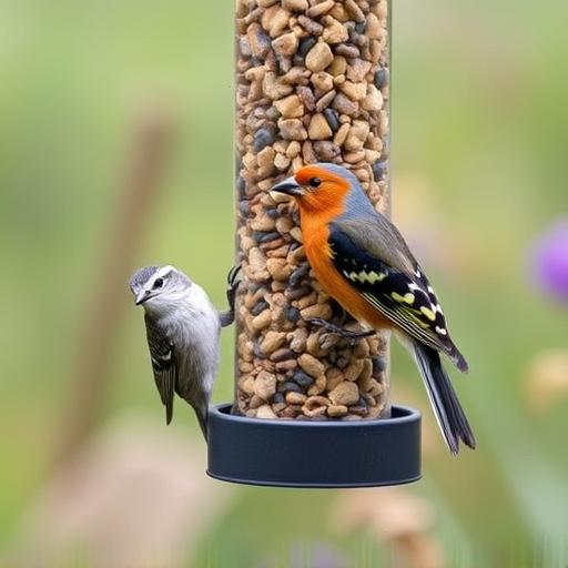Garden birds at squirrel-resistant seed tube
