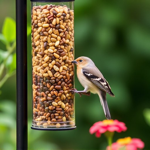 Garden birds at squirrel-resistant seed tube