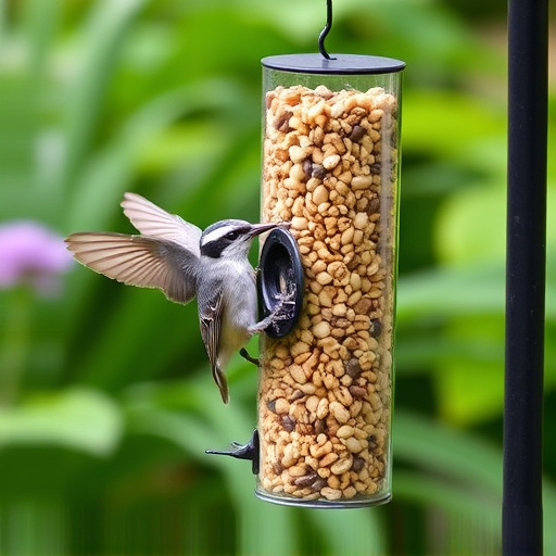 Garden birds at squirrel-resistant seed tube